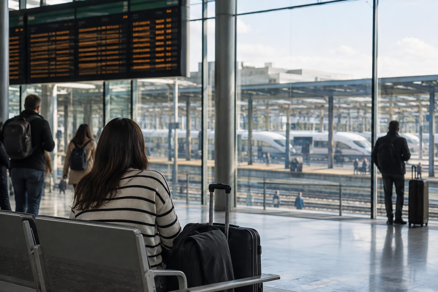 Interior de una estación ferroviaria española, con un panel de salidas al fondo y vías visibles a través de una cristalera, algunos viajeros desenfocados y ninguna persona reconocible.