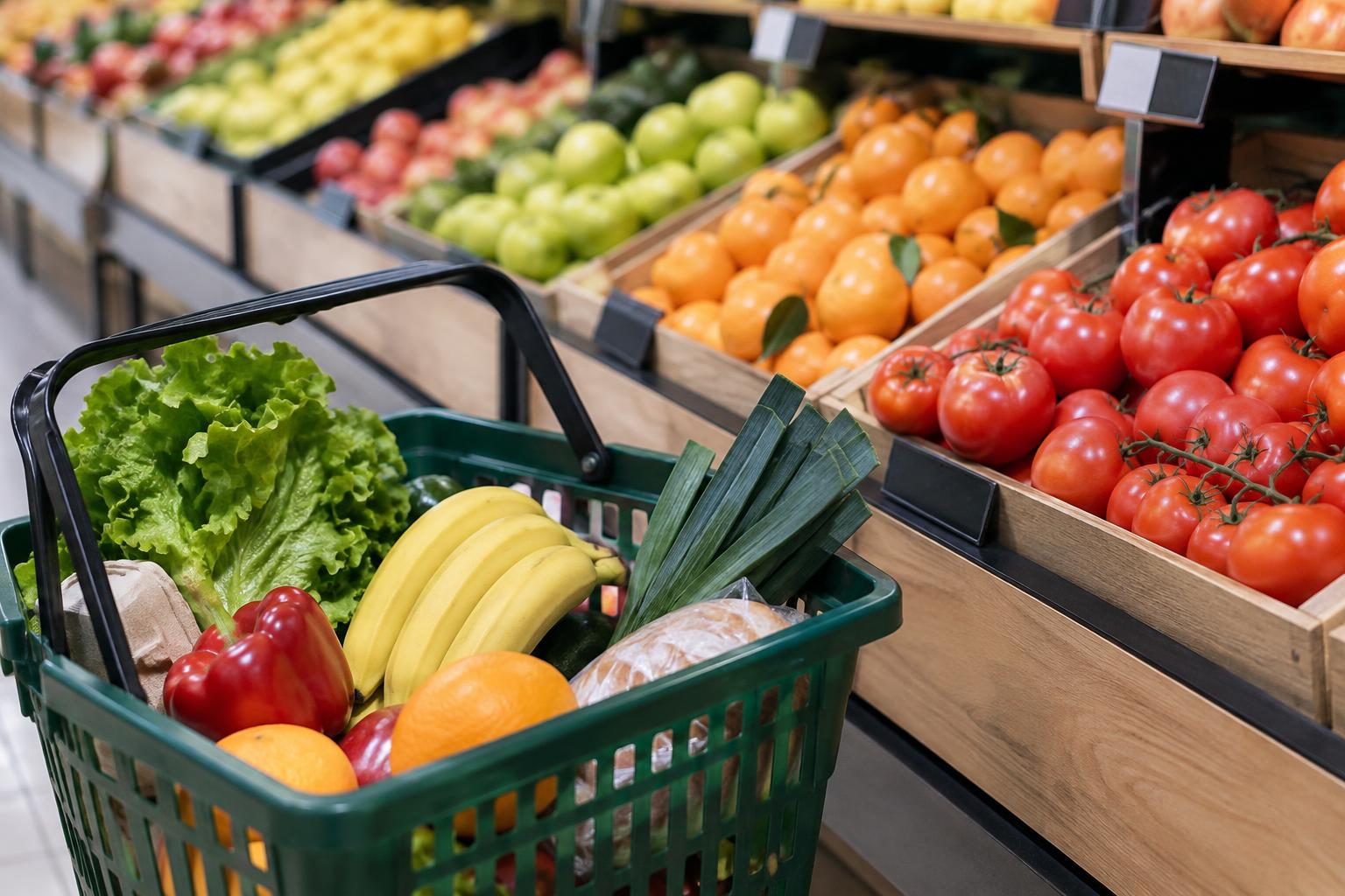 Primer plano de una cesta de compra con alimentos frescos junto a los expositores de una frutería de supermercado en España, con etiquetas de precios visibles y sin personas reconocibles.