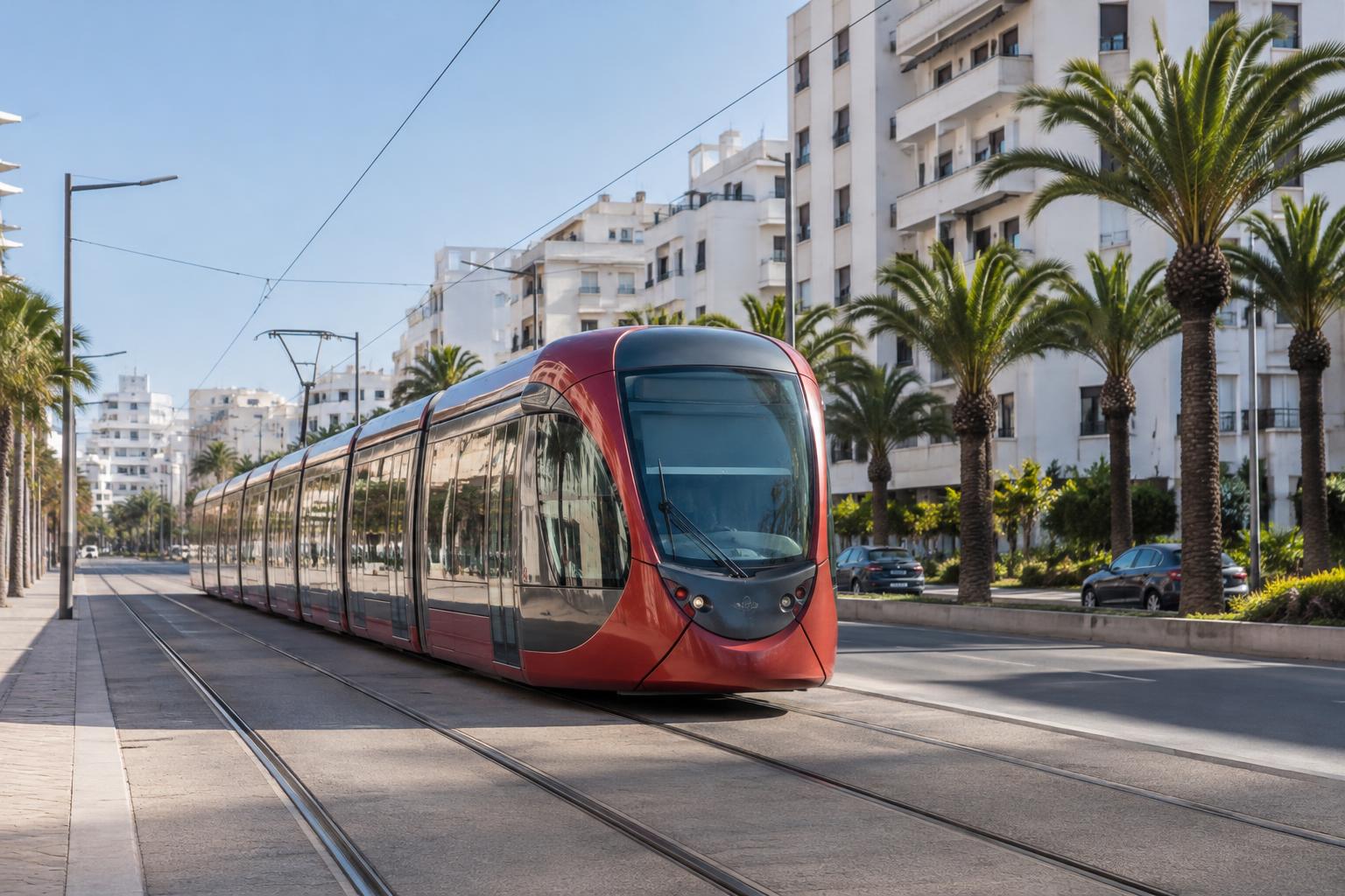 Vista realista de un tranvía moderno circulando por una avenida de Casablanca, con vías integradas en la calzada y edificios urbanos al fondo, sin personas reconocibles.