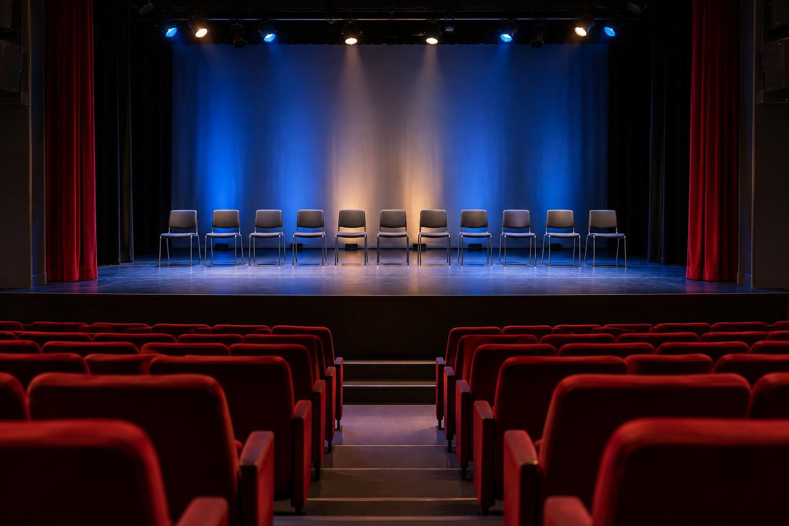 Interior de un teatro de pequeño formato, visto desde las últimas filas, con butacas rojas y diez sillas vacías alineadas en un escenario iluminado con luz azul y cálida, sin personas ni carteles legibles.