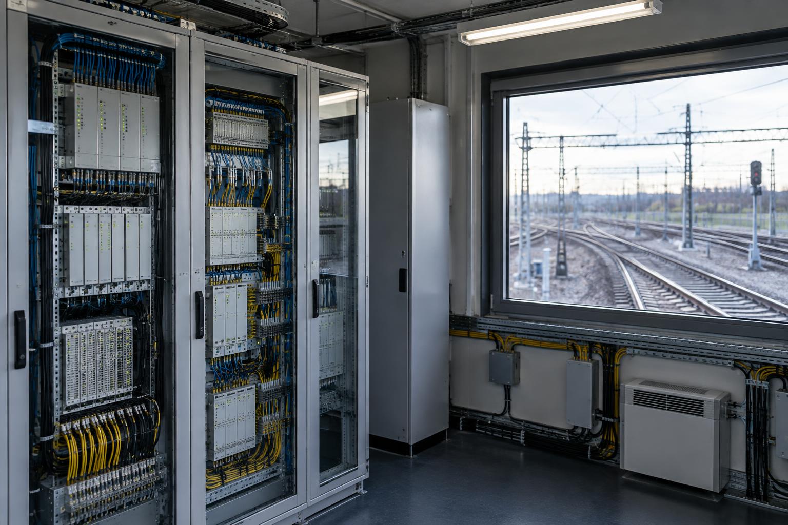 Interior de una sala técnica ferroviaria sin personas, con armarios de equipos de señalización, cableado ordenado y una ventana hacia varias vías, iluminación sobria y aspecto documental realista.