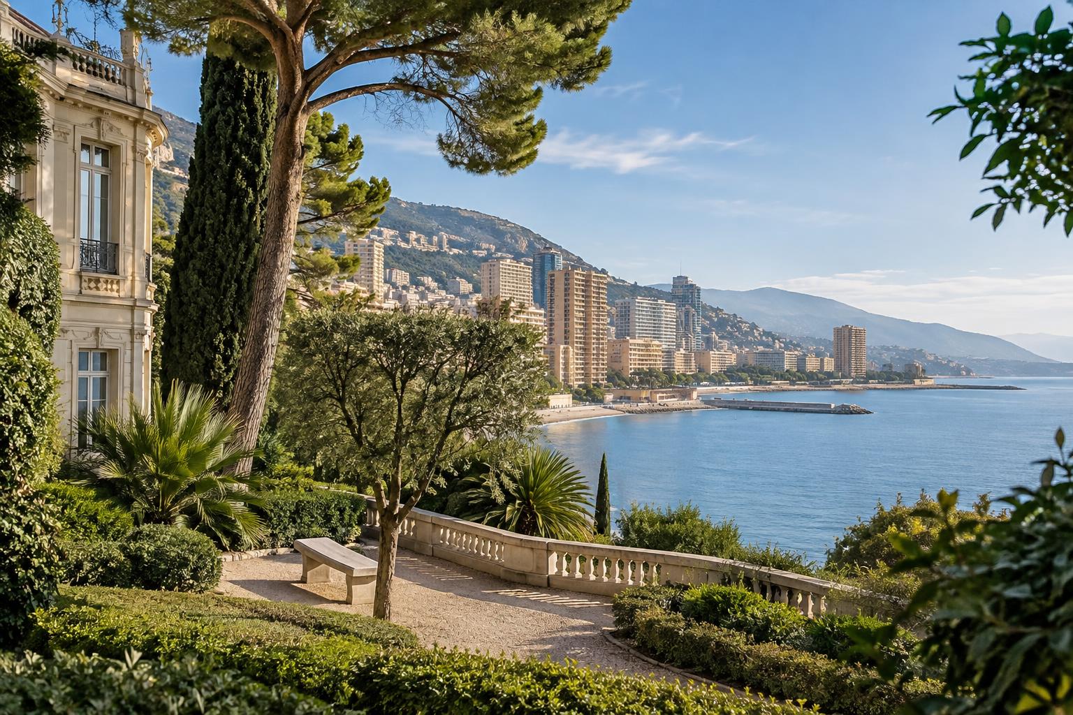 Vista exterior diurna de los jardines próximos a Villa Sauber y al paseo marítimo de Larvotto, en Mónaco, con vegetación mediterránea y edificios al fondo, sin personas reconocibles ni recreación del fallecimiento.