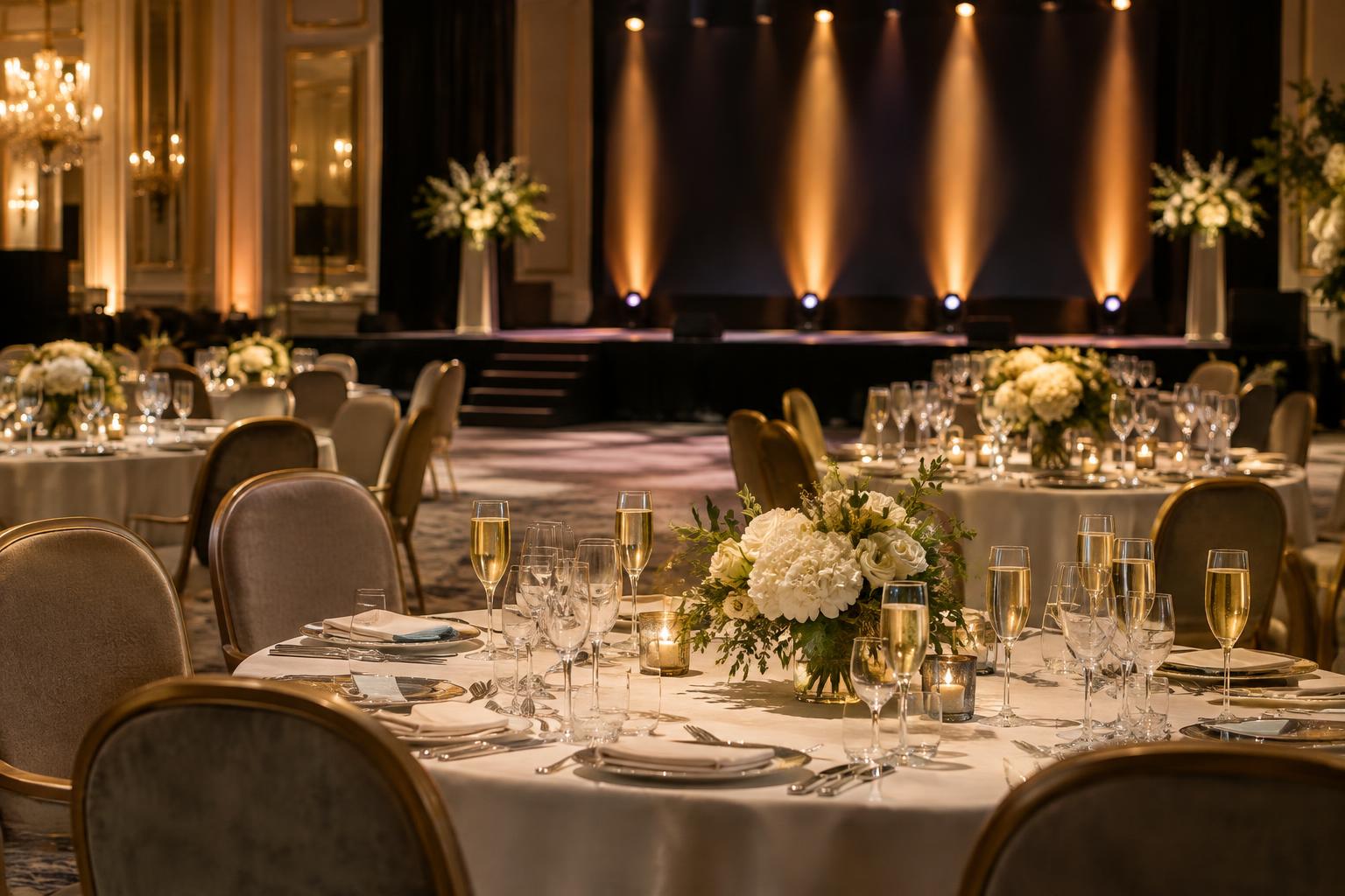 Interior de un salón londinense preparado para una entrega de premios, con mesas redondas, copas de champán y un escenario vacío al fondo bajo iluminación cálida, sin personas reconocibles.