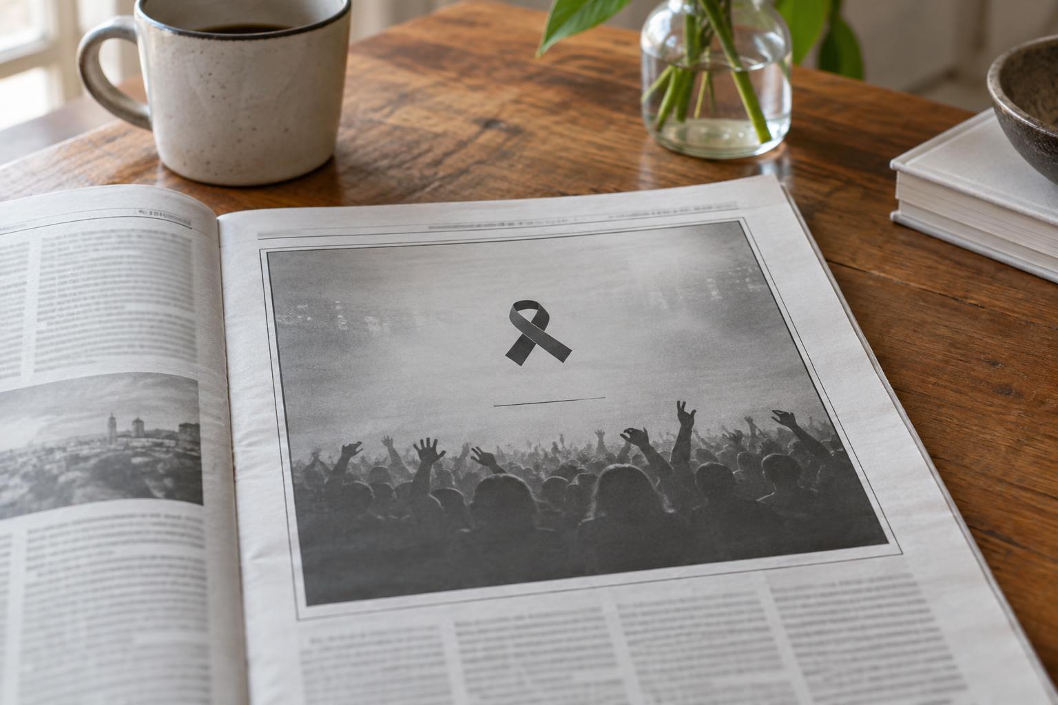 Primer plano de un periódico abierto sobre una mesa de madera, con una esquela de diseño sobrio dedicada al festival Sónar y las fechas 1994-2026, en un interior con luz natural y sin personas.