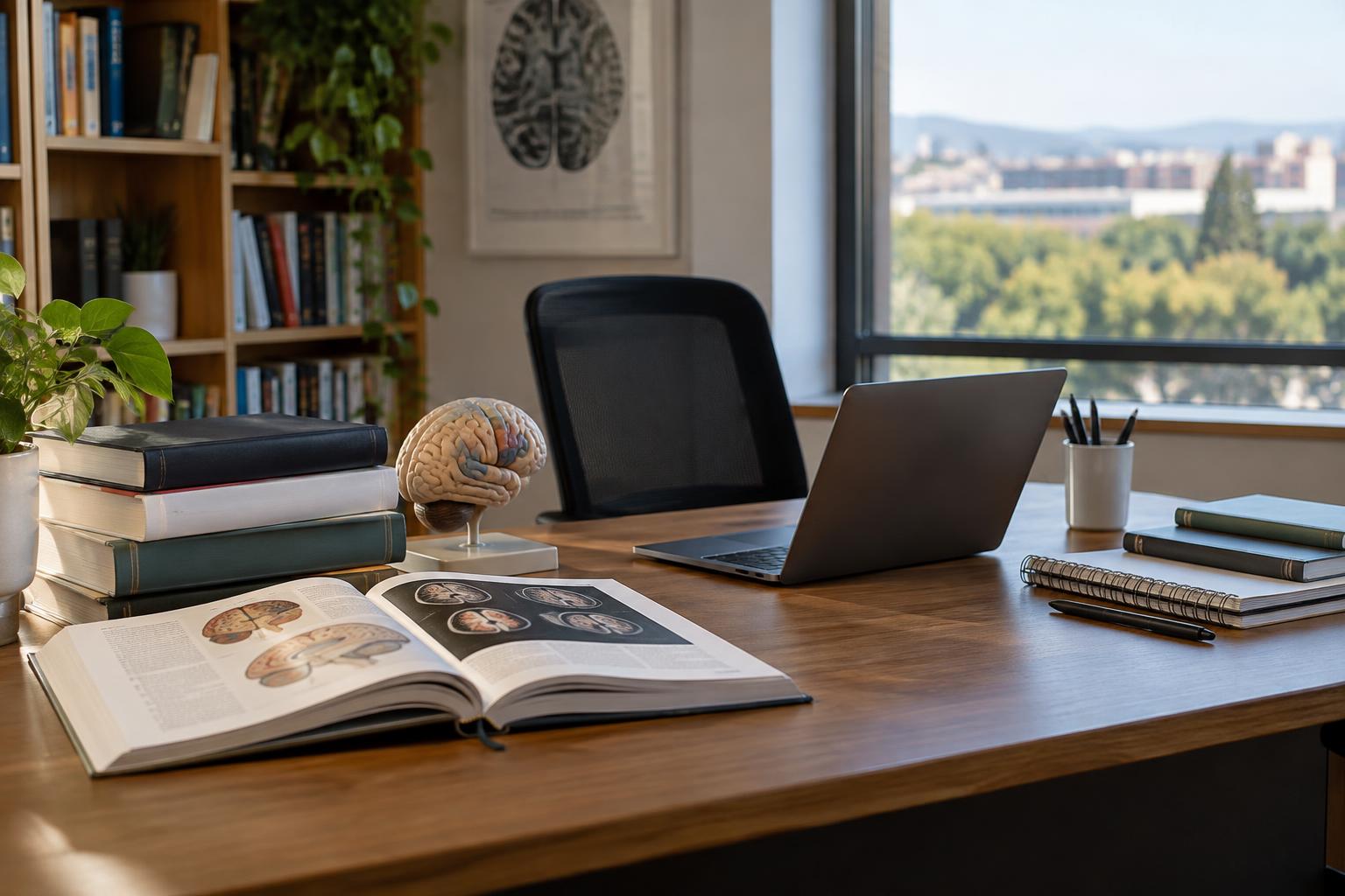 Interior realista de un despacho universitario vacío, con una mesa de trabajo, libros de neurociencia, cuadernos y una silla junto a una ventana, sin nombres ni personas reconocibles