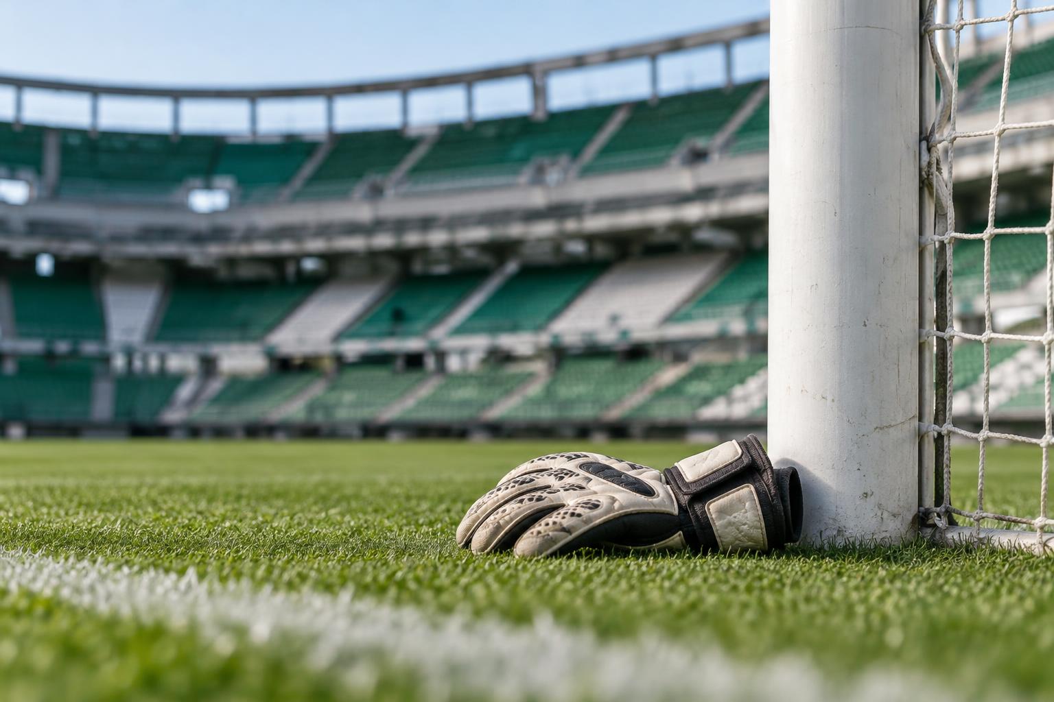 Vista a ras de césped de una portería en un estadio de fútbol vacío, con unos guantes de guardameta junto al poste y gradas verdiblancas desenfocadas al fondo, sin personas reconocibles.