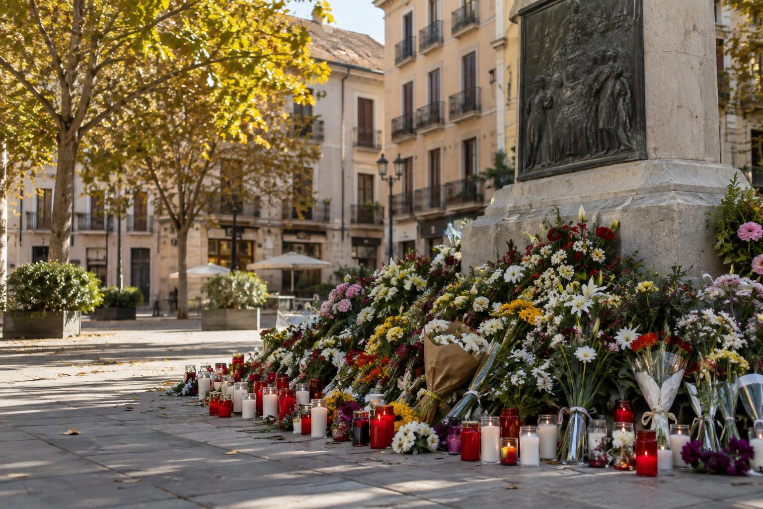 Plaza de un municipio valenciano con una ofrenda de flores y velas junto a un monumento conmemorativo, fachadas residenciales al fondo y luz natural de otoño, sin personas reconocibles.