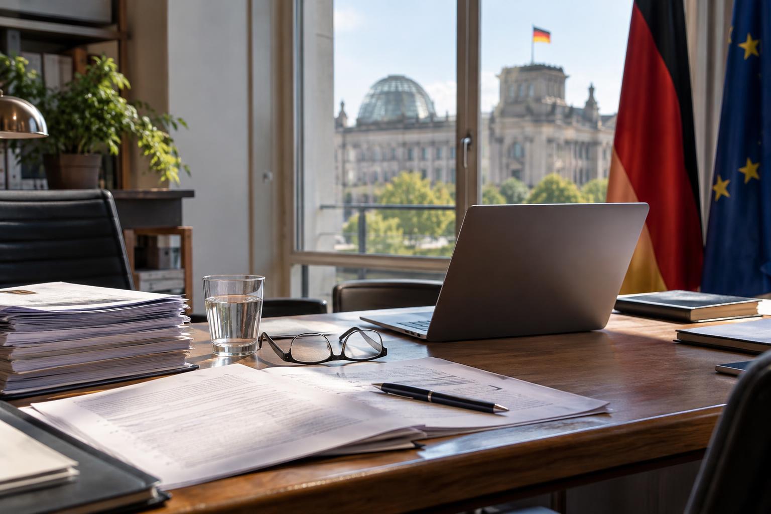 Interior de un despacho parlamentario berlinés, con documentos revisados y anotaciones al margen sobre una mesa, junto a un ordenador portátil; luz natural y ninguna persona visible.