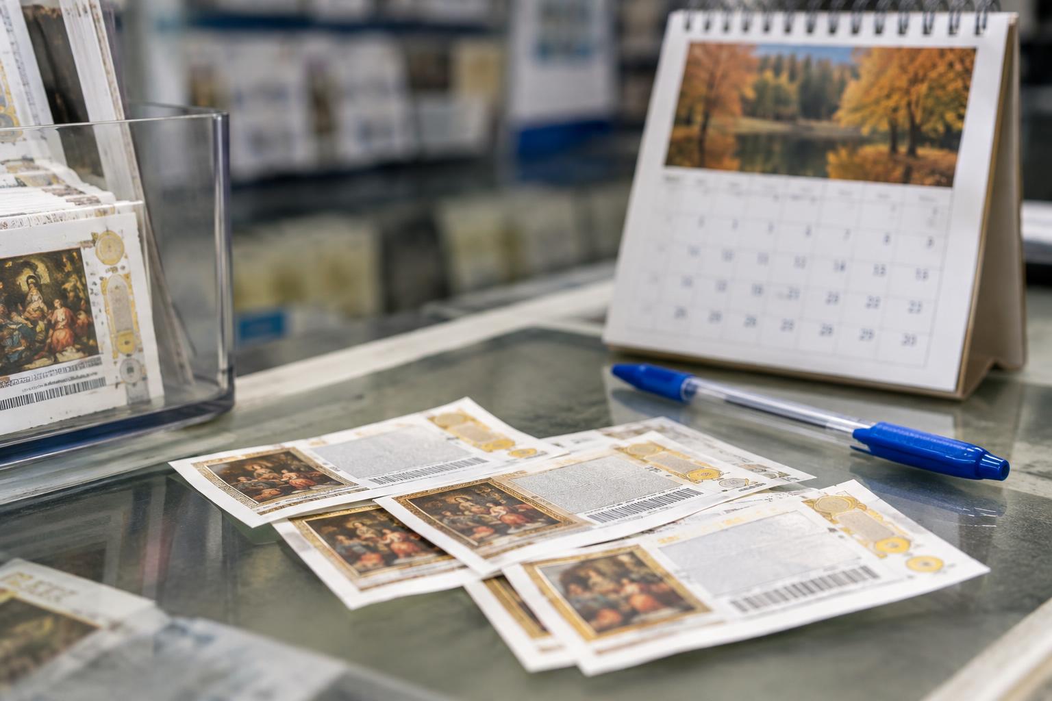 Primer plano de varios décimos de lotería sobre el mostrador de una administración española, con un bolígrafo y un calendario de octubre de 2026 al fondo, sin personas ni números de boleto legibles.
