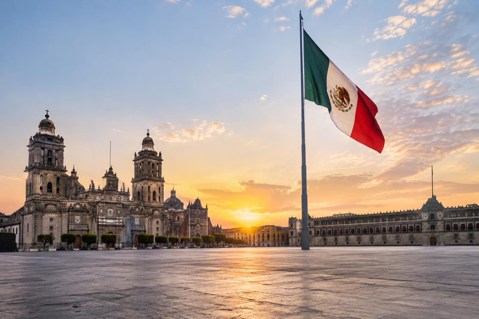 Vista realista del Zócalo de Ciudad de México al amanecer, con la bandera mexicana y los edificios históricos de la plaza, sin personas reconocibles.