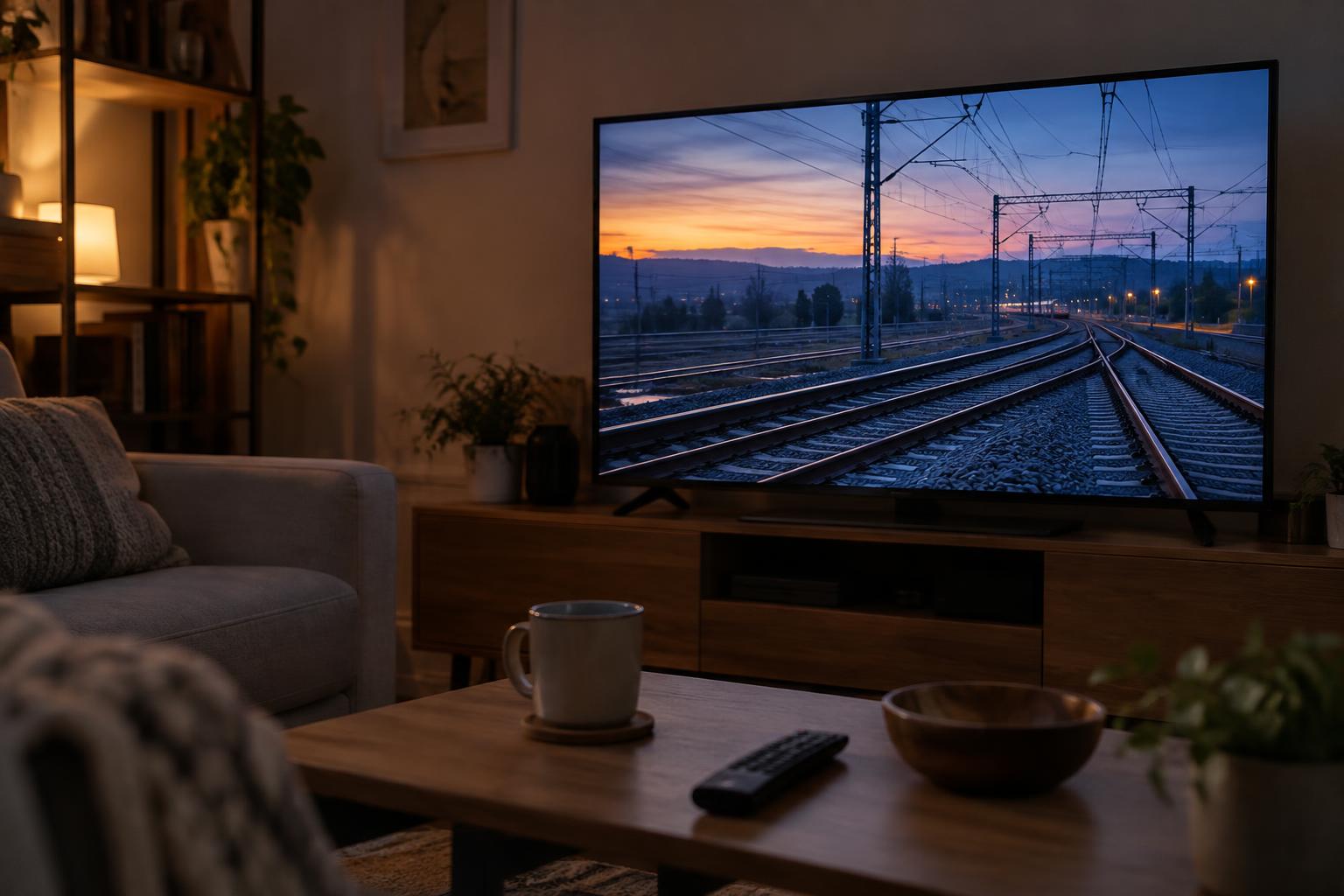 Salón doméstico al anochecer, con un televisor encendido que muestra imágenes generales de vías ferroviarias sin víctimas ni rostros identificables, un mando a distancia sobre la mesa y luz tenue.