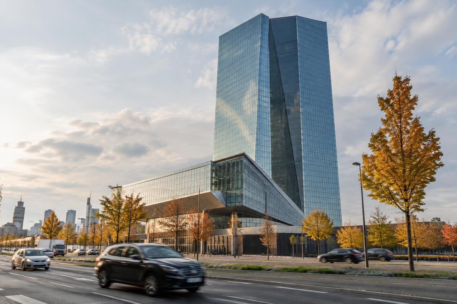 Vista realista del edificio del Banco Central Europeo en Fráncfort desde una calle cercana, con tráfico cotidiano y cielo otoñal, sin personas reconocibles.