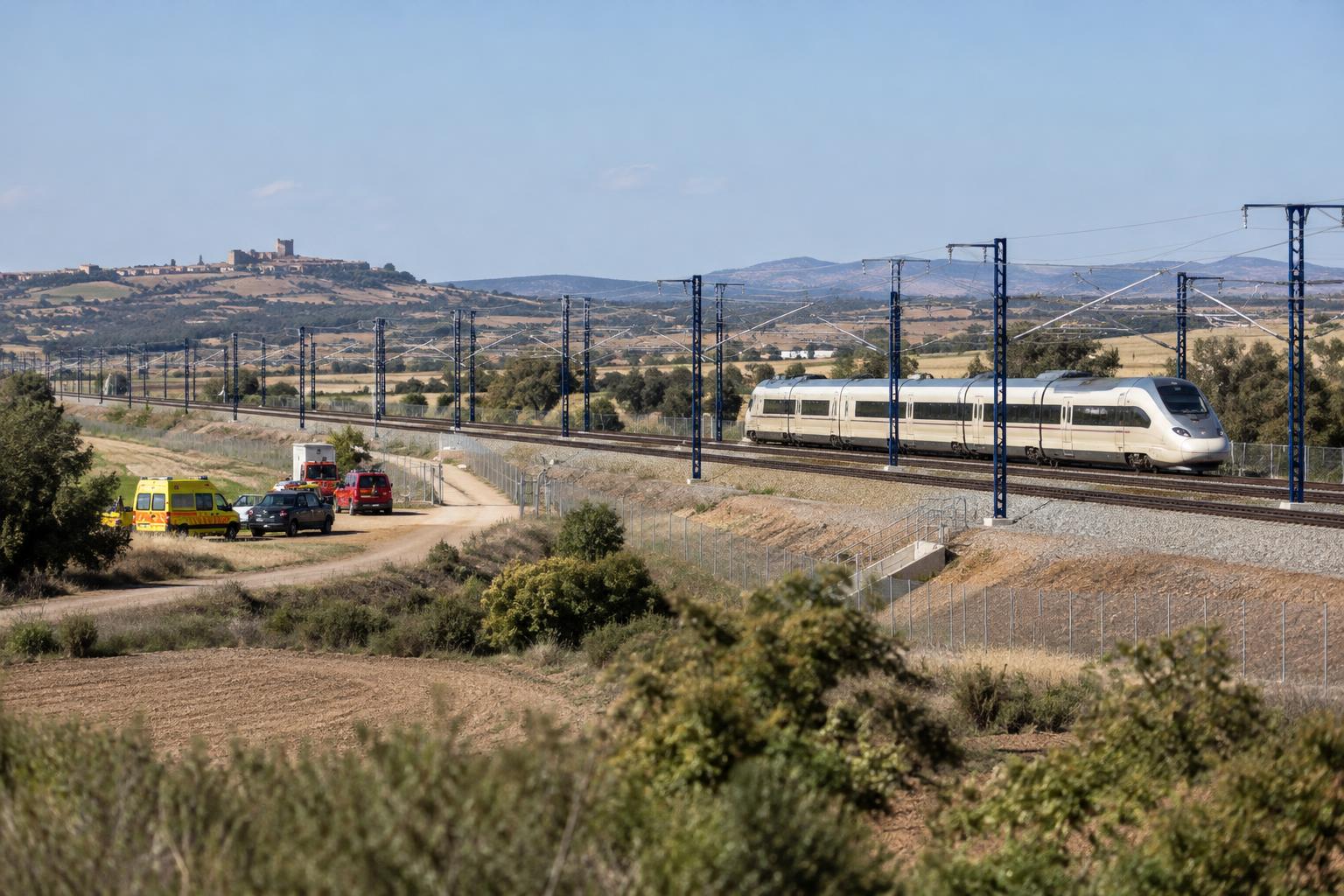 Vista de una línea ferroviaria de alta velocidad con catenarias en el paisaje rural de Toledo, con vehículos de emergencia estacionados junto a un acceso de mantenimiento, sin víctimas visibles ni personas reconocibles.