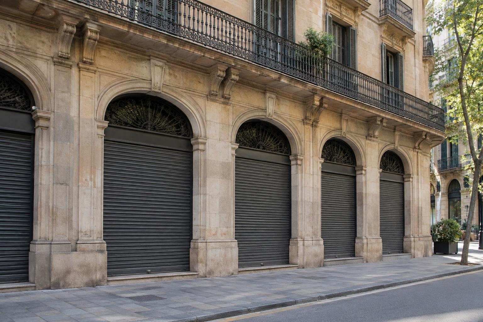 Fachada de un edificio comercial barcelonés del siglo XIX, con grandes aberturas de arco de medio punto en la planta baja, persianas cerradas y un balcón corrido con barandilla de hierro, vista desde la acera con luz diurna y sin personas reconocibles.