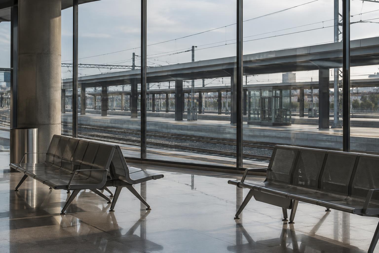 Interior de una estación ferroviaria española, con vías y andenes visibles a través de una cristalera, bancos vacíos y luz gris de primera hora, sin personas reconocibles ni elementos de un accidente.
