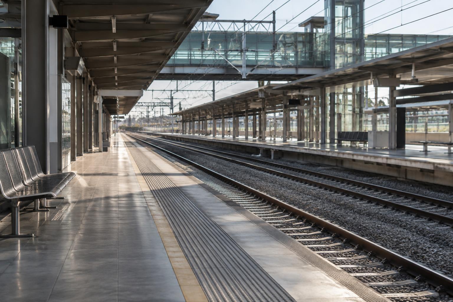 Interior de una estación ferroviaria española, con vías vistas desde un andén vacío, bancos y paneles informativos al fondo, iluminación natural y sin personas reconocibles.
