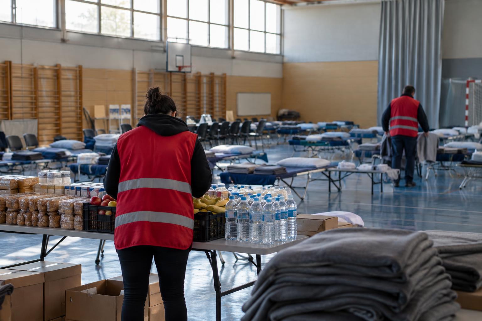 Interior de un pabellón deportivo municipal habilitado para asistencia de emergencia, con mesas de agua y alimentos, sillas y mantas ordenadas, voluntarios de espaldas sin rostros reconocibles, ambiente sobrio y luz natural.