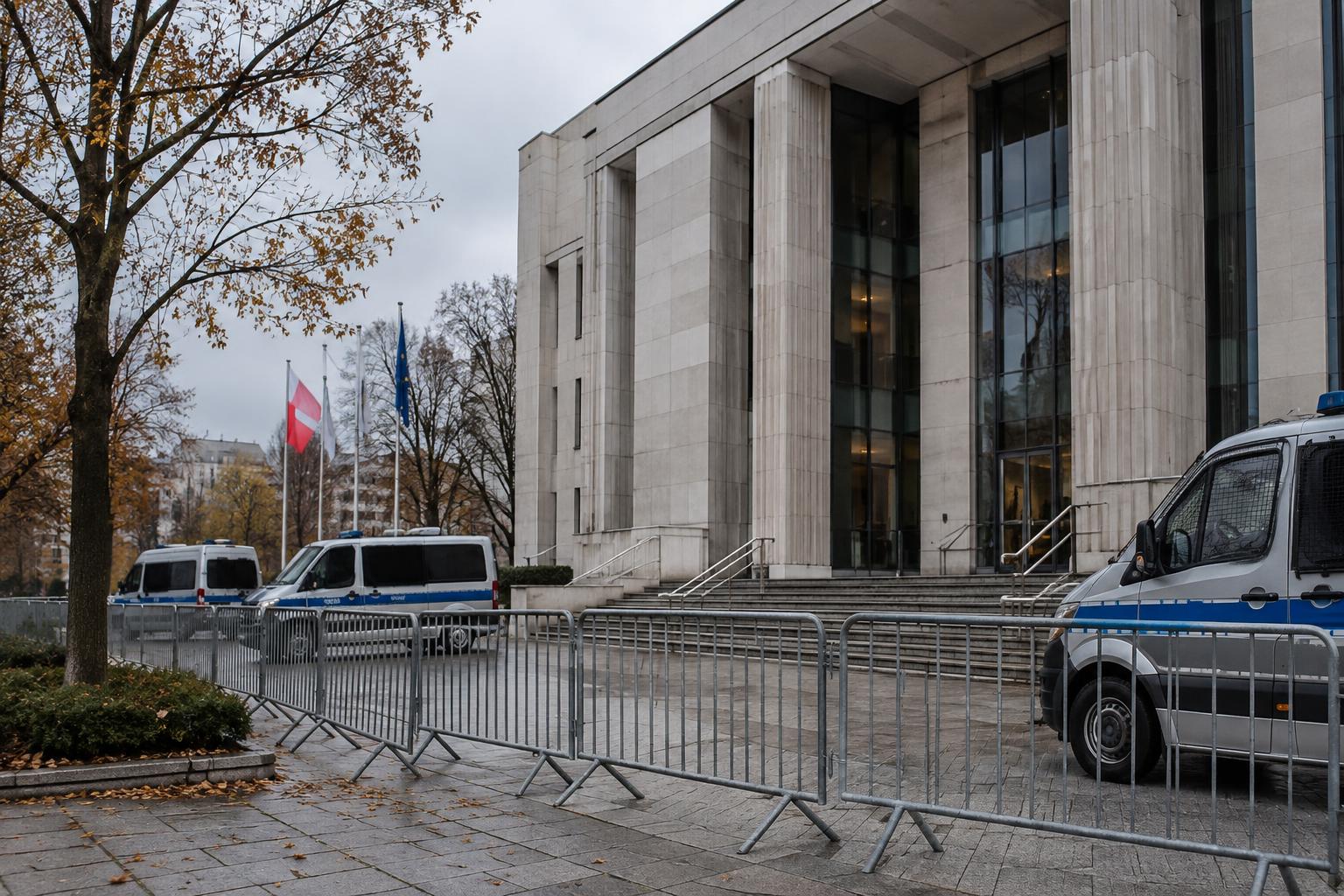 Exterior de un edificio judicial en Varsovia, con vallas de control policial en los accesos y vehículos policiales estacionados, bajo un cielo otoñal gris, sin personas reconocibles.