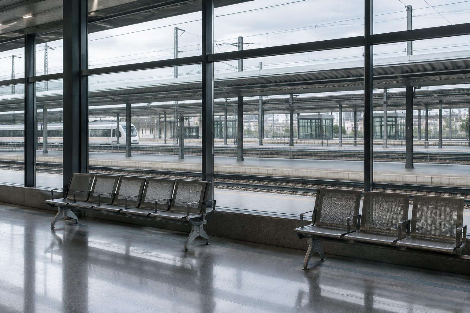 Interior de una estación ferroviaria española, con vías y andenes vistos a través de una cristalera, bancos vacíos y luz gris de mañana, sin personas reconocibles.