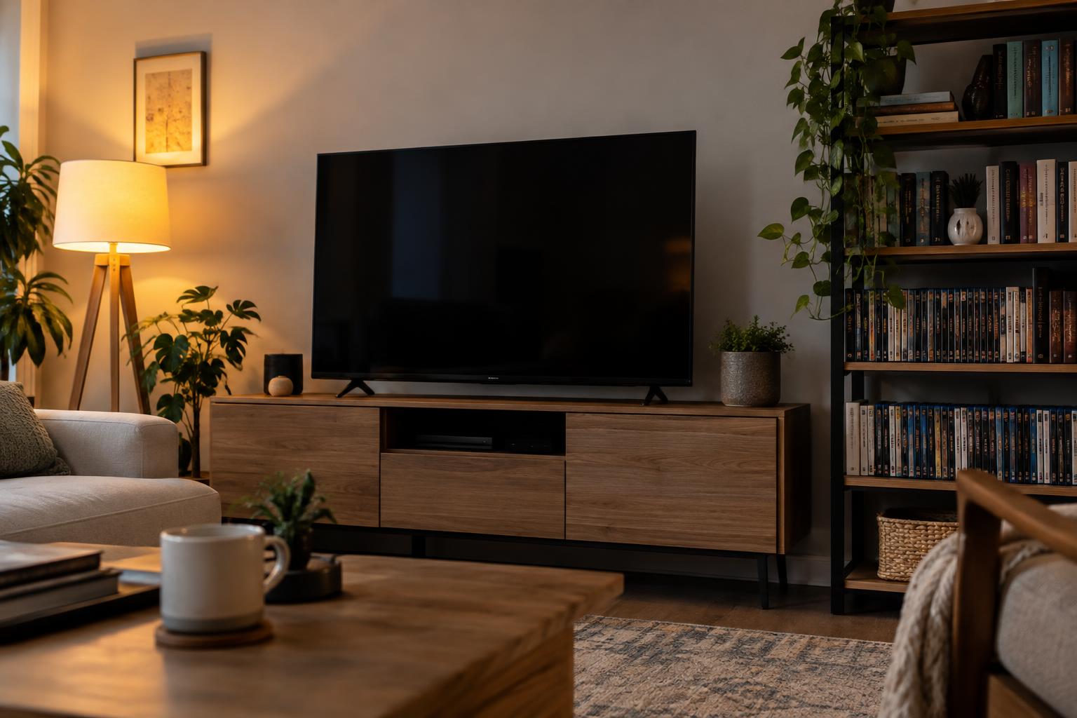 Interior de un salón contemporáneo con un televisor apagado y, junto a él, una estantería con películas y libros; luz cálida de una lámpara, sin personas ni marcas visibles.
