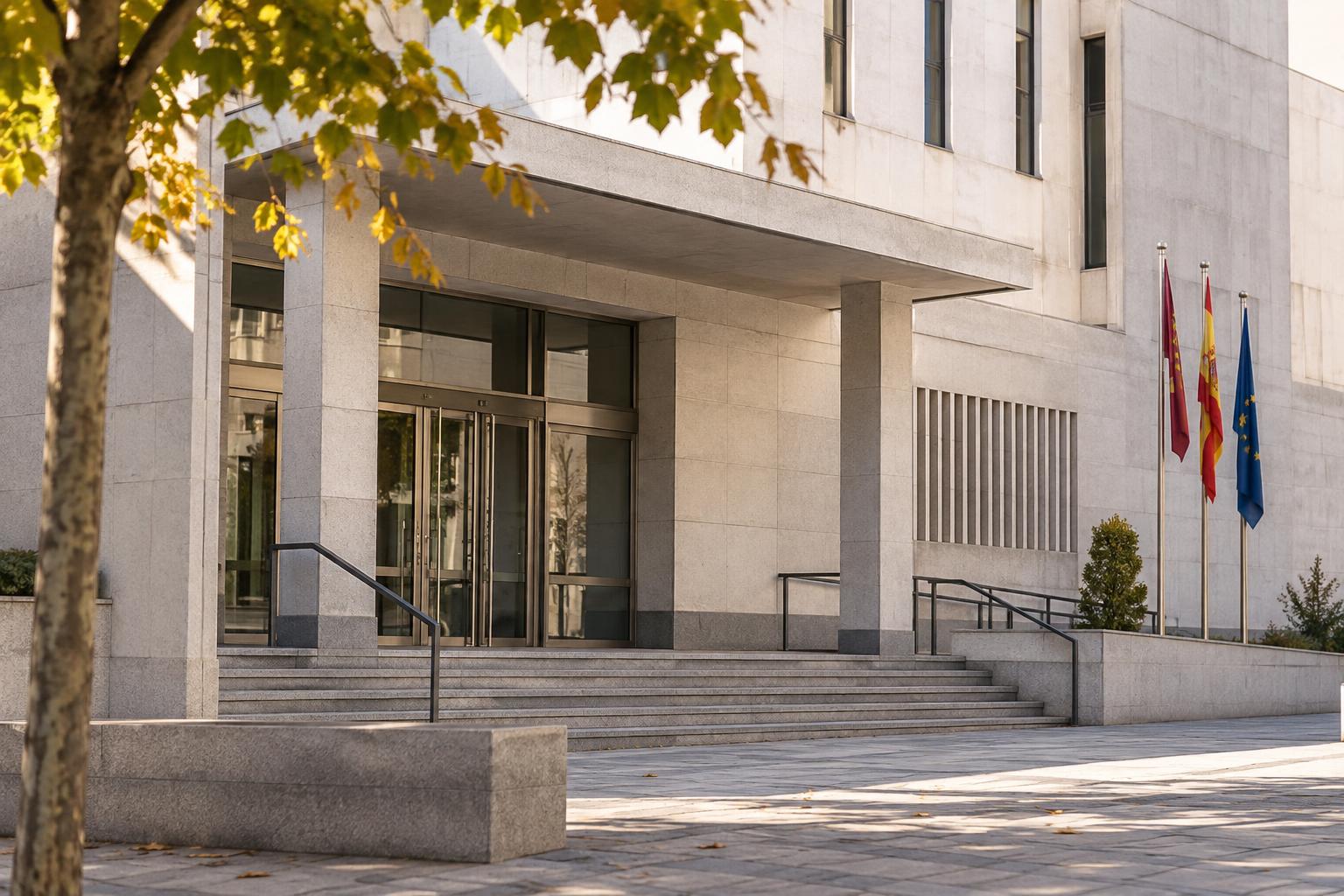 Exterior de un edificio judicial en una localidad toledana, con fachada sobria y puerta de acceso, sin personas reconocibles ni elementos de rueda de prensa.
