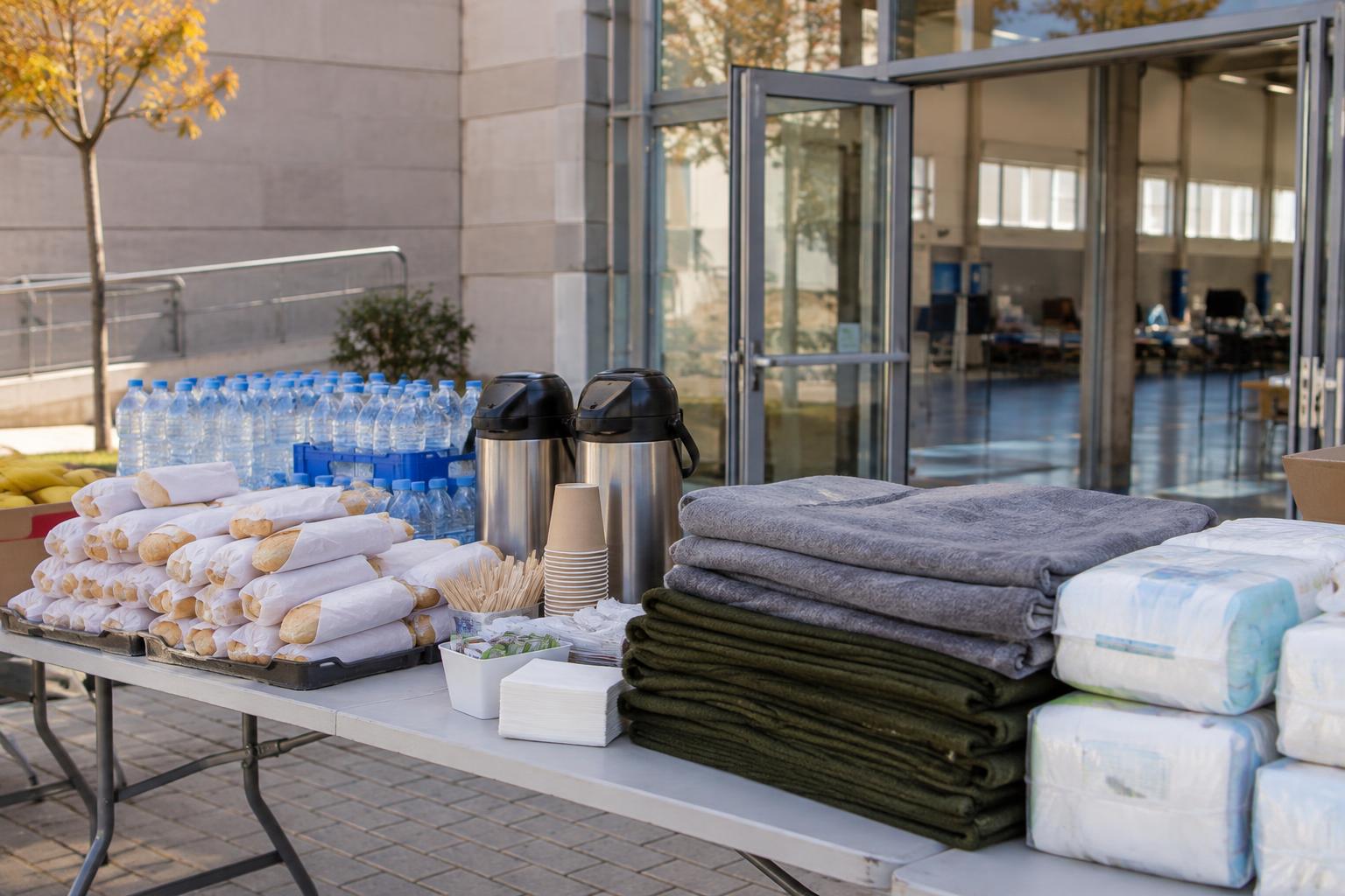 Mesa de reparto junto a la entrada de un polideportivo de un municipio toledano, con bocadillos envueltos, cajas de agua, termos de café, mantas dobladas y paquetes de pañales; sin personas reconocibles.