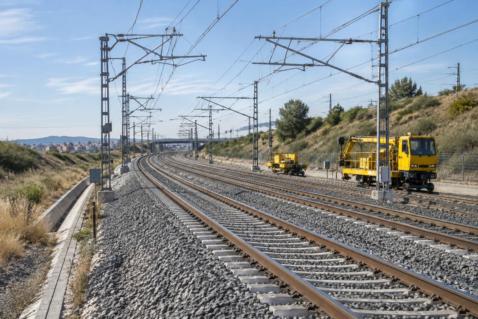 Vías de alta velocidad en las afueras de una ciudad española, con balasto, catenarias y equipos de mantenimiento junto a un tramo ferroviario, luz natural y sin personas reconocibles.
