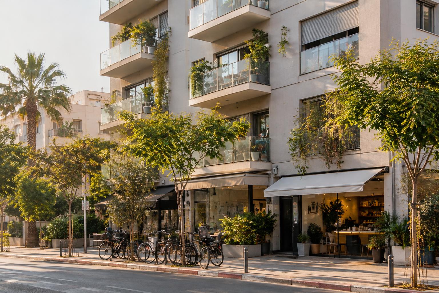 Fachada de un edificio residencial de Tel Aviv con balcones, pequeños comercios a pie de calle y bicicletas aparcadas, luz de última hora de la tarde, sin personas reconocibles.