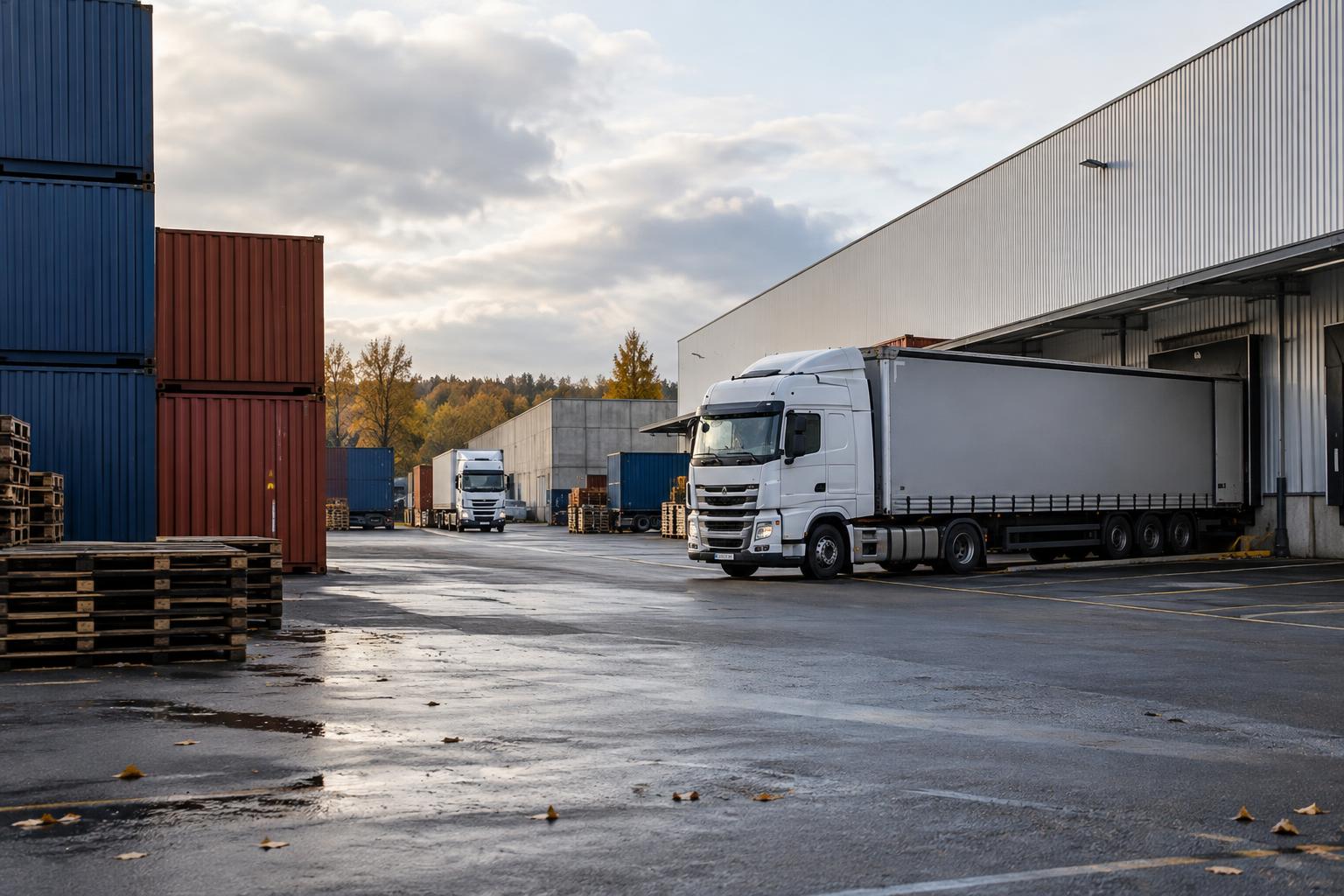 Vista realista de una zona de carga industrial francesa, con contenedores, naves y camiones estacionados bajo un cielo otoñal, sin personas reconocibles.
