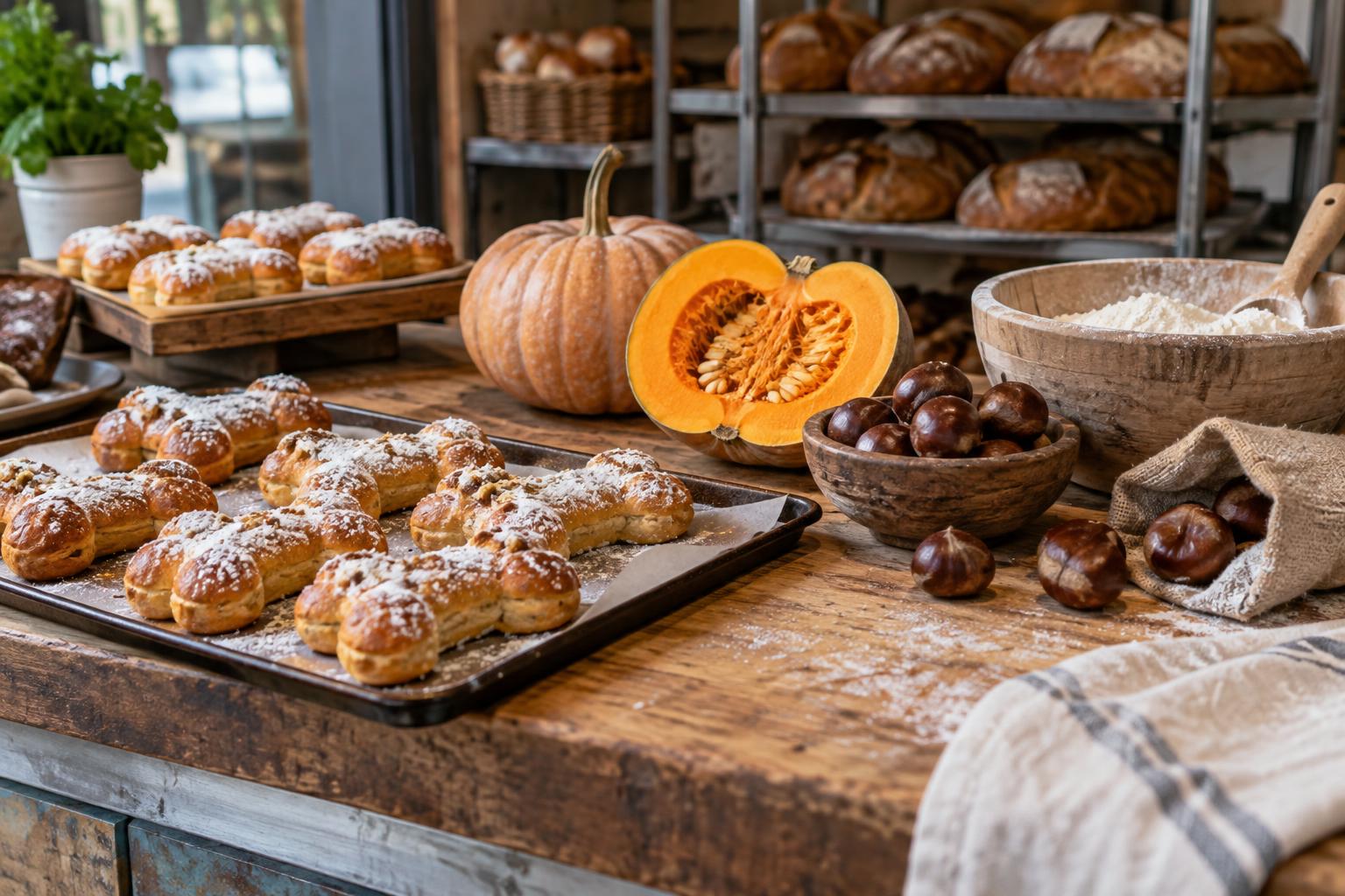 Mostrador de una panadería artesanal con panes dulces en forma de hueso sobre bandejas, una calabaza abierta y castañas junto a una mesa de trabajo enharinada, luz natural y sin personas reconocibles.