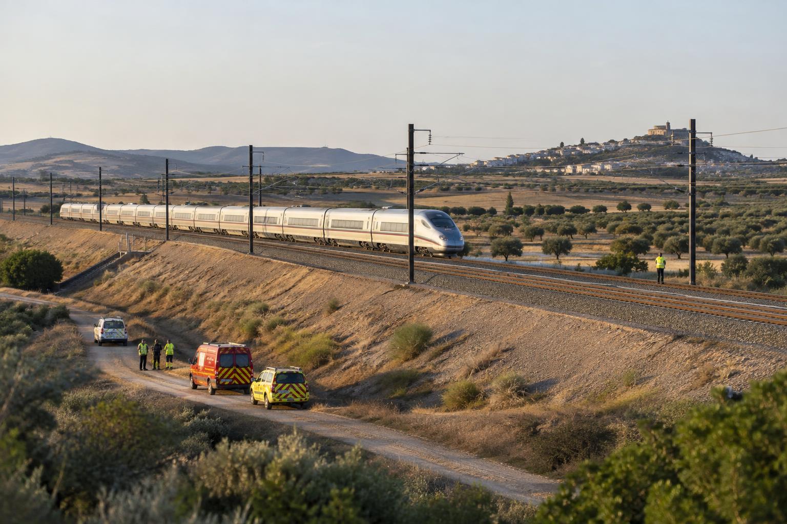 Vista general de una vía de alta velocidad junto a un terraplén en un paisaje rural toledano, con vehículos de emergencia y personal técnico distante, sin rostros reconocibles ni víctimas visibles.