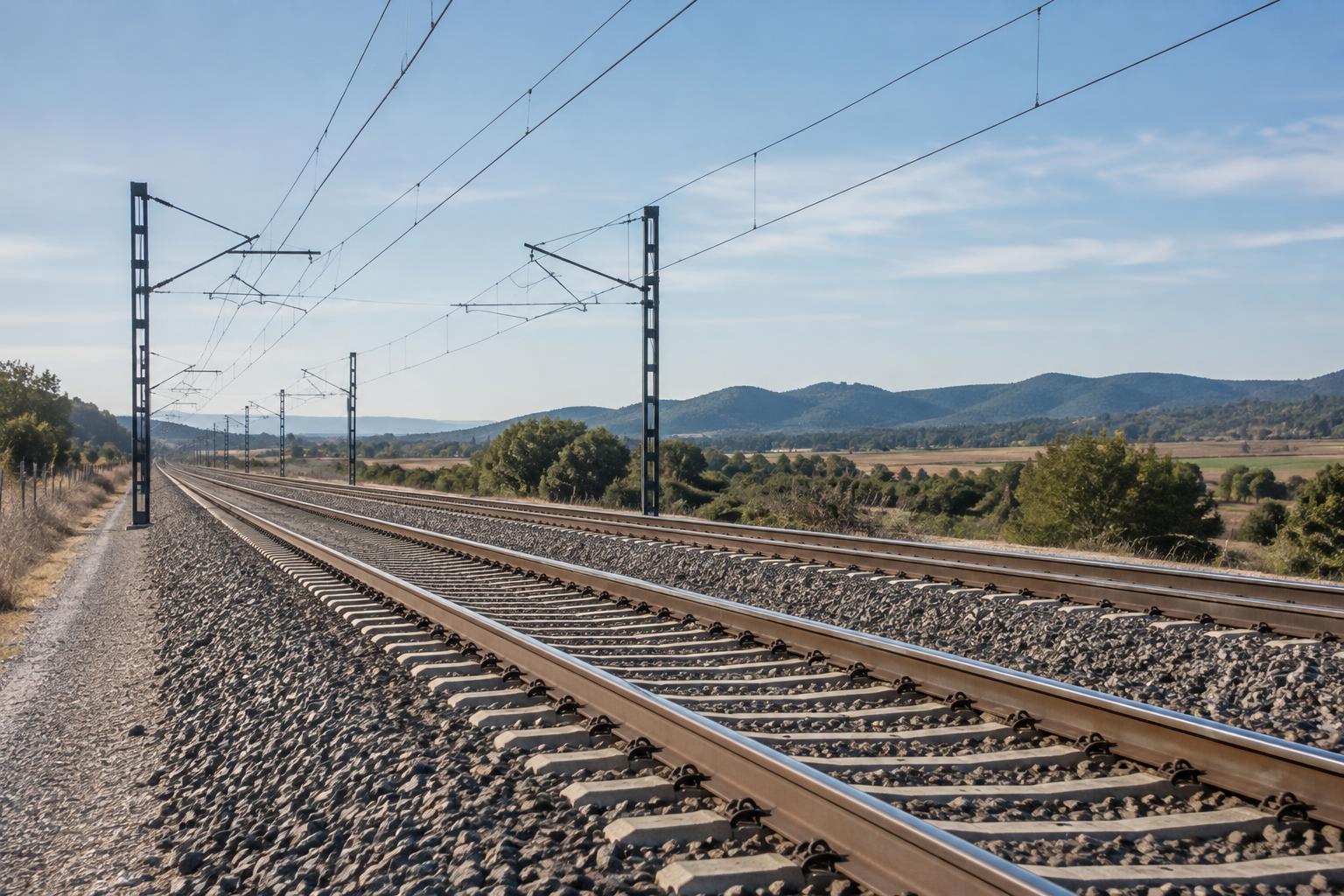 Vista realista de una vía ferroviaria de alta velocidad en un paisaje rural español, con raíles, balasto y catenarias visibles en primer plano, sin trenes ni personas, bajo una luz de mañana sobria.