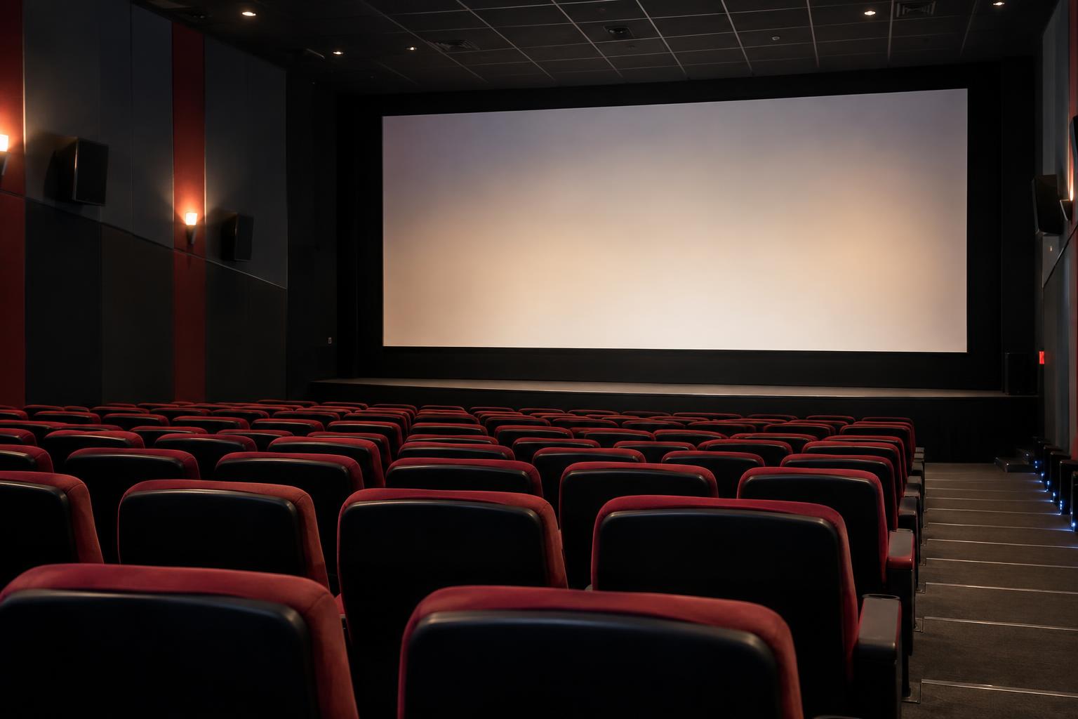 Interior realista de una sala de cine vacía, con filas de butacas y una pantalla iluminada antes de la proyección, luz tenue y sin personas ni textos visibles.