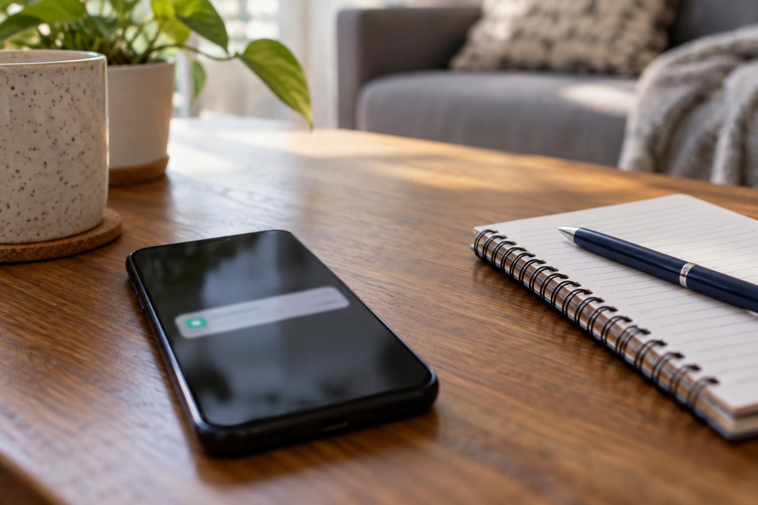 Primer plano de un teléfono móvil sobre una mesa doméstica con una notificación de mensaje desenfocada e ilegible, junto a un cuaderno y un bolígrafo, con luz natural y sin personas.