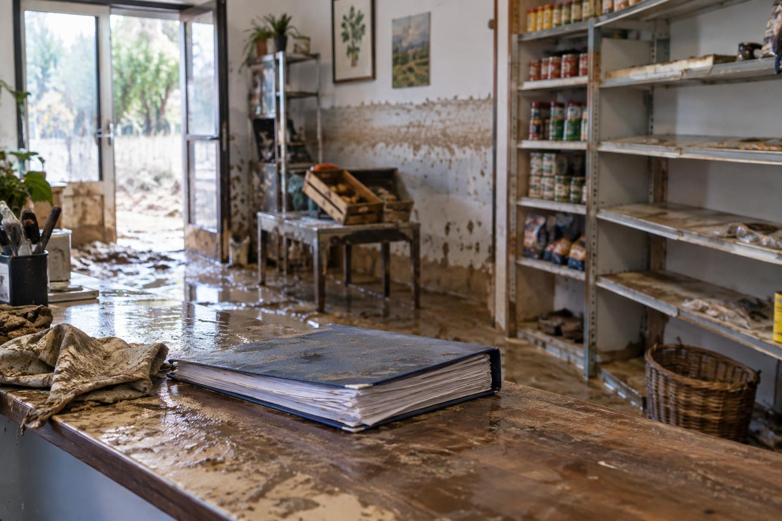 Interior de un pequeño comercio después de una inundación, con marcas de agua en la pared, estanterías parcialmente vacías y una carpeta de documentos de seguro sobre un mostrador, luz natural y sin personas.
