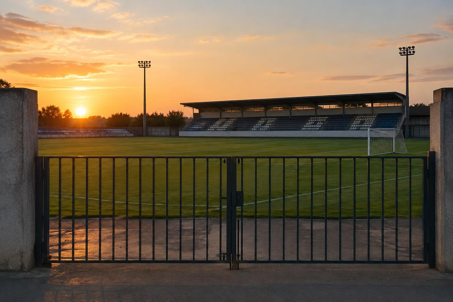 Campo de fútbol vacío al atardecer, con el césped marcado, una portería y gradas sin público, visto desde el acceso cerrado al recinto; sin personas reconocibles ni carteles con texto.