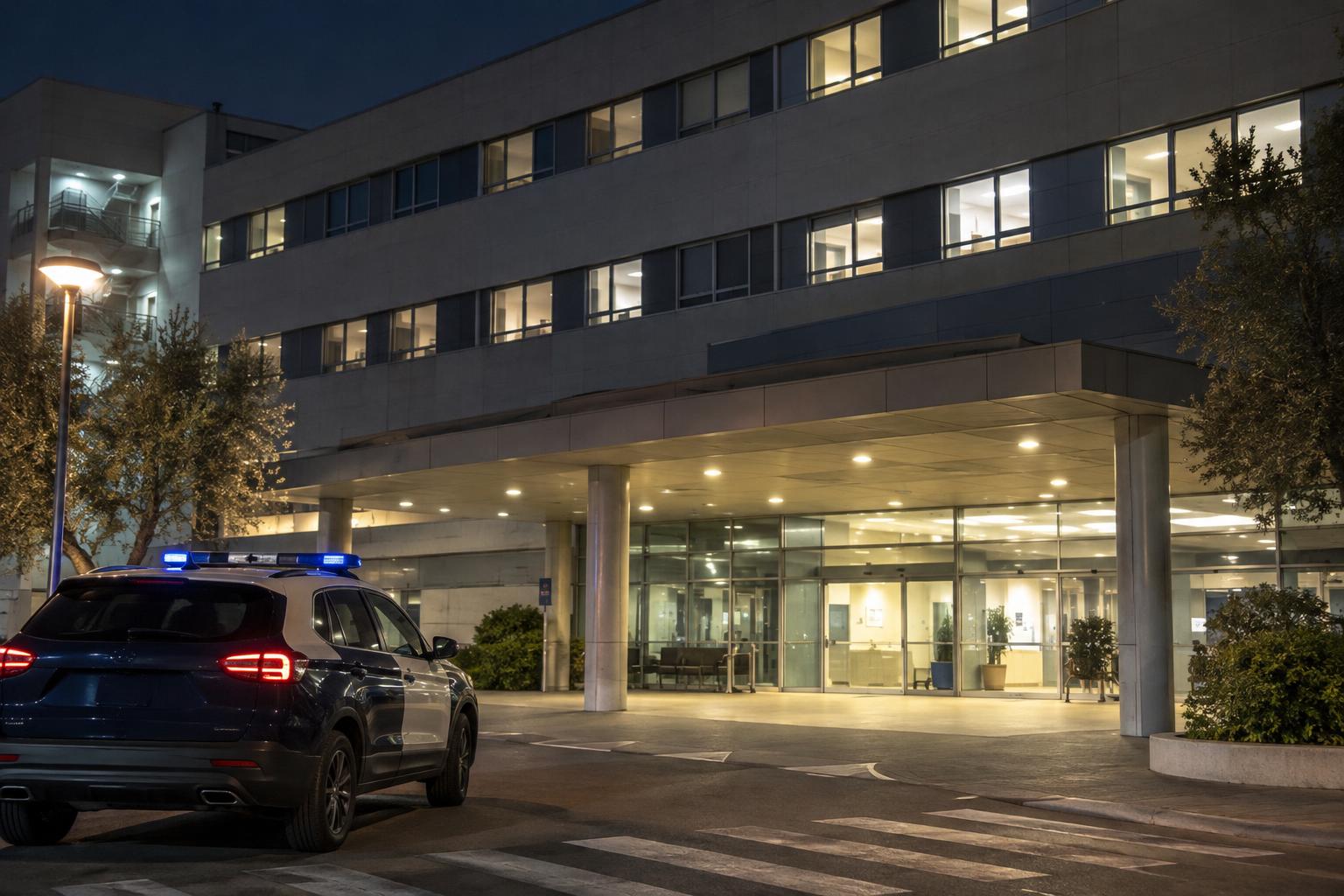 Exterior de un hospital de Tarragona de madrugada, con el acceso iluminado, ventanas de las plantas superiores encendidas y un vehículo policial estacionado, sin personas reconocibles ni escenas de violencia.