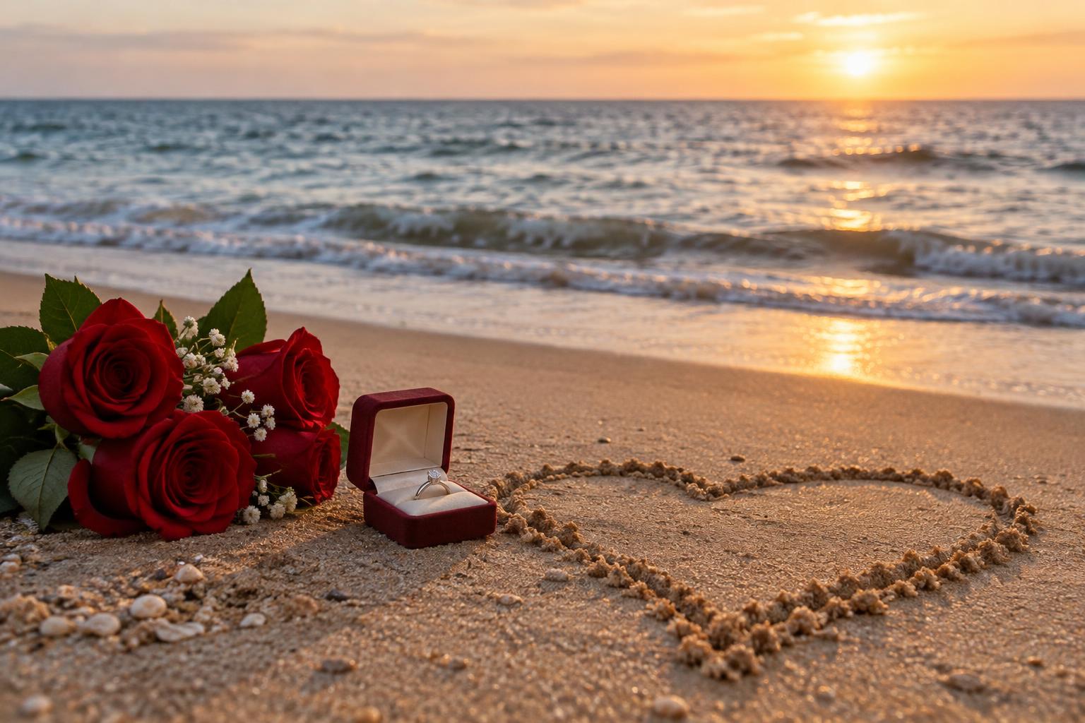 Detalle de un corazón dibujado en la arena de una playa junto a unas rosas y una caja de anillo abierta, con el mar al fondo y sin personas.