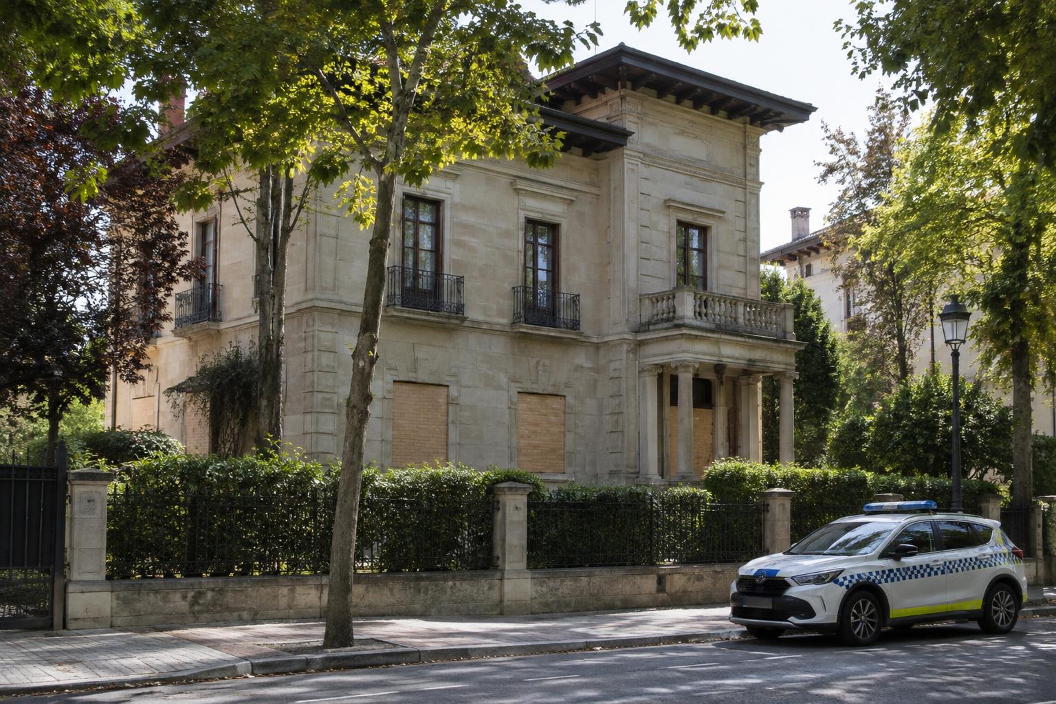 Exterior de un palacete en una calle residencial arbolada de Vitoria, con ventanas bajas tapiadas y un vehículo de Policía Municipal estacionado, sin personas reconocibles.