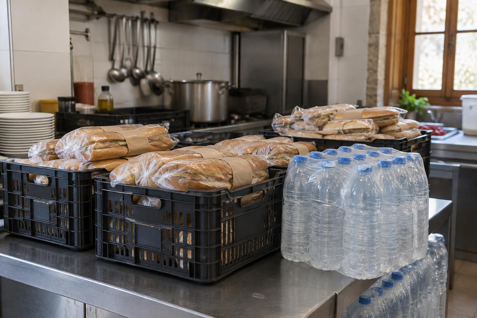 Interior de la cocina de un restaurante rural español, con bocadillos envueltos y apilados en cajas de transporte junto a paquetes de garrafas de agua, sin personas reconocibles ni marcas comerciales.