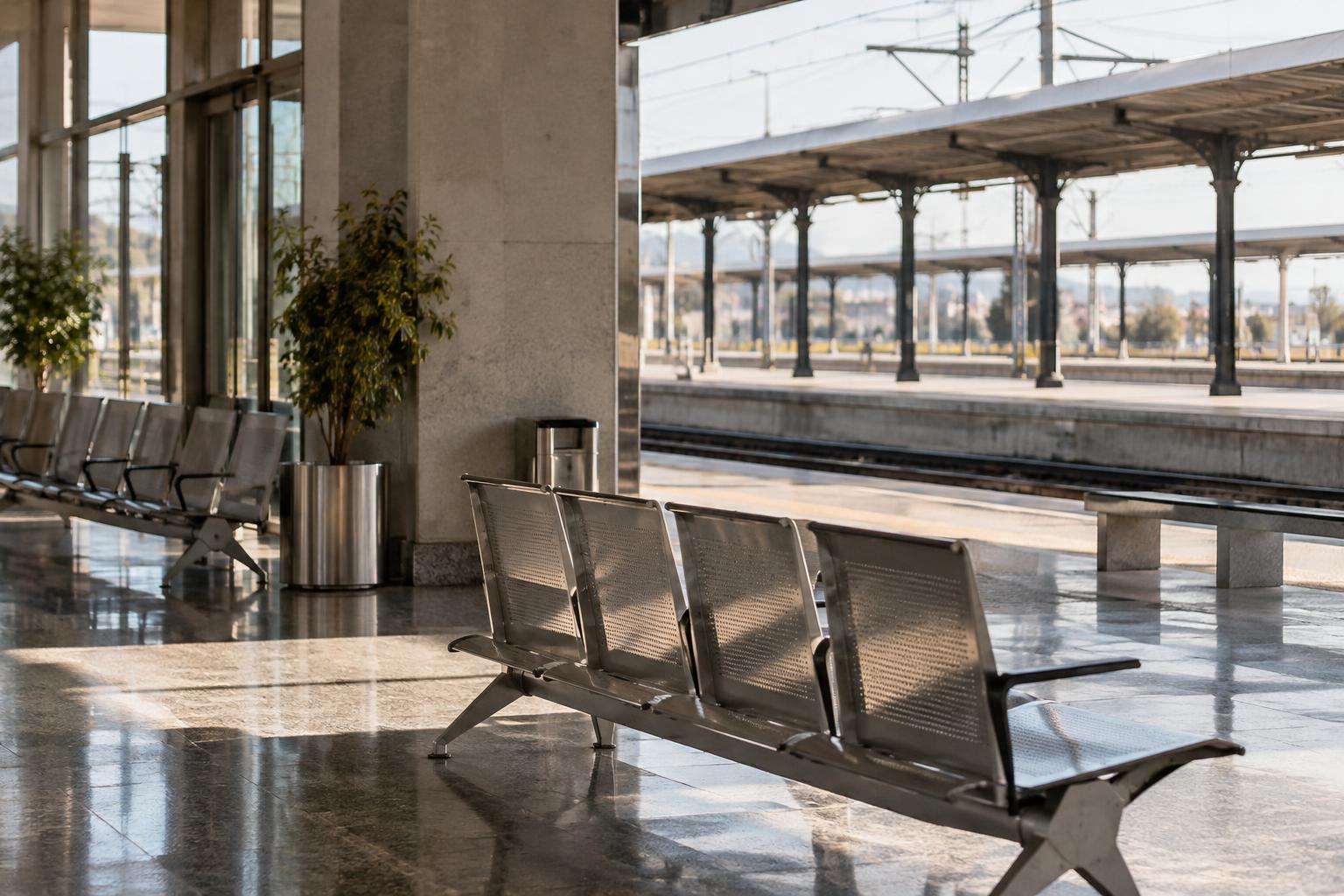 Interior de una estación ferroviaria española, con una zona de espera vacía, bancos y un andén visible al fondo, luz natural y ambiente sobrio, sin personas reconocibles ni señales de un accidente recreado.