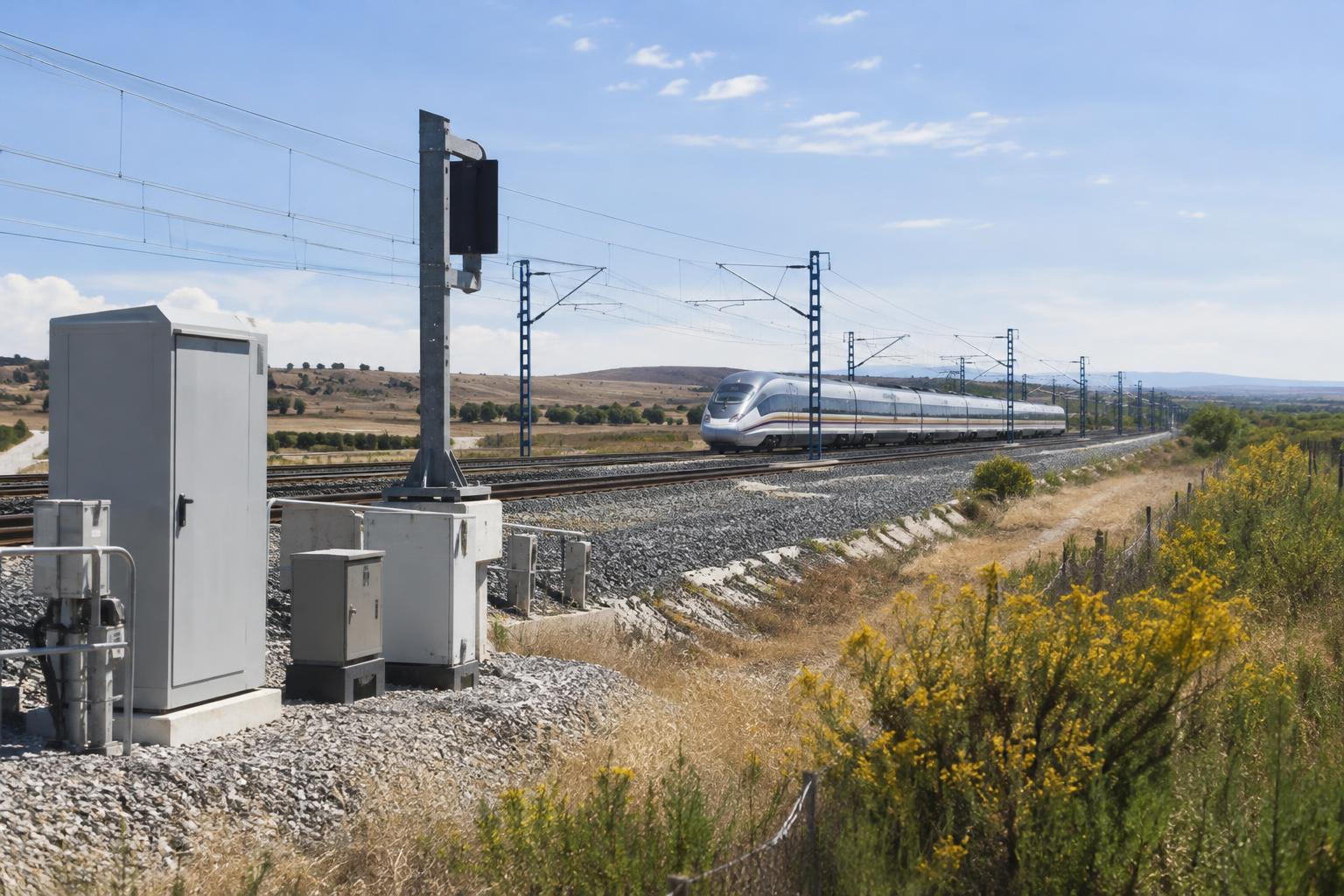 Vías de alta velocidad con equipos de señalización y armarios técnicos junto al trazado, un tren al fondo en un paisaje de la meseta española, fotografía documental diurna sin personas reconocibles.