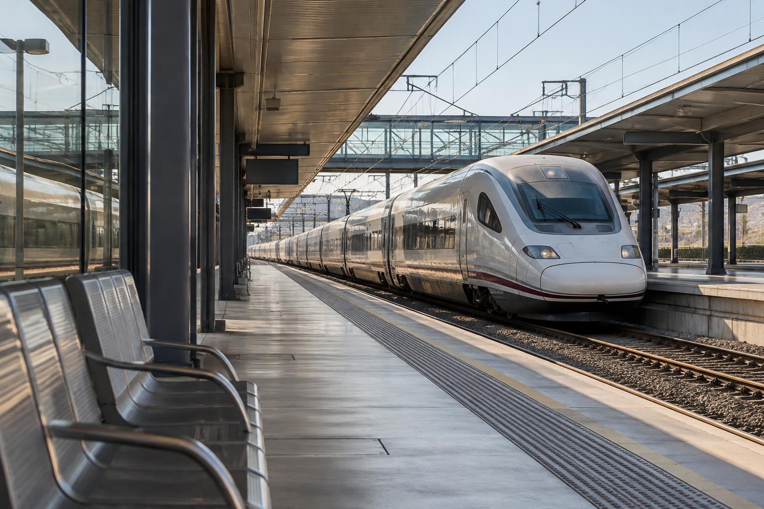 Andén de una estación ferroviaria española con vías y un tren de pasajeros detenido al fondo, luz natural y sin personas reconocibles.