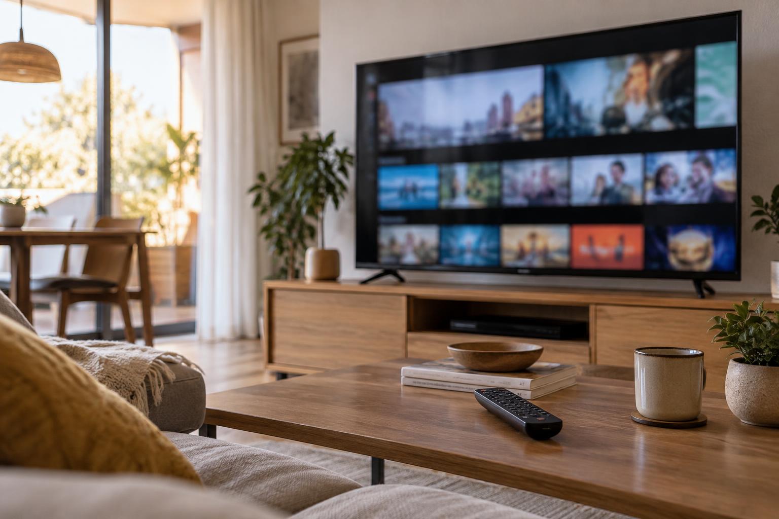 Salón contemporáneo de una vivienda española con un televisor encendido que muestra una guía de programación genérica, mando a distancia sobre una mesa y luz de tarde, sin personas ni logotipos.