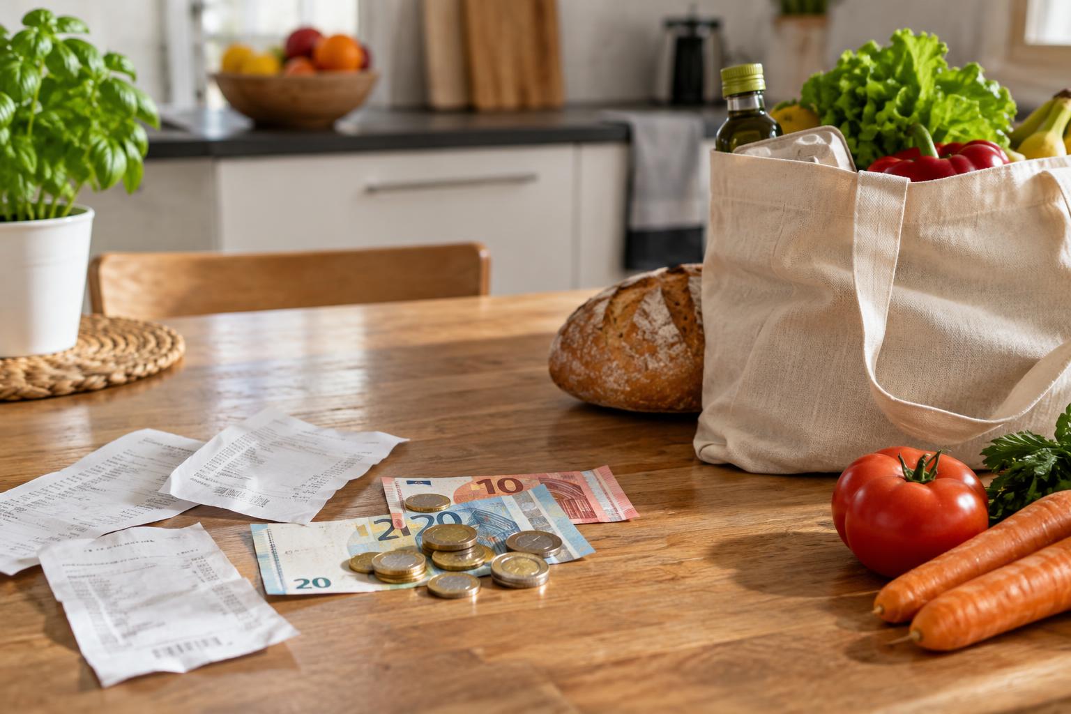Mesa de una cocina doméstica con monedas y billetes de euro junto a varios recibos de compra y una bolsa de alimentos básicos, luz natural, sin personas ni marcas visibles