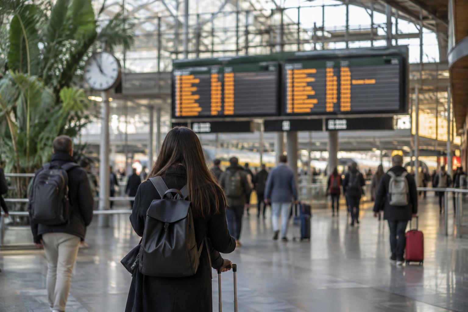 Vestíbulo de la estación de Madrid Puerta de Atocha, con paneles informativos ferroviarios y viajeros de espaldas desenfocados, ambiente sobrio y luz natural, sin personas reconocibles.