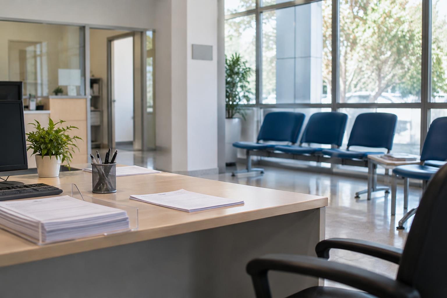 Interior de una oficina de atención ciudadana en España, con sillas de espera vacías, una mesa con formularios administrativos y luz natural, sin logotipos ni personas reconocibles.