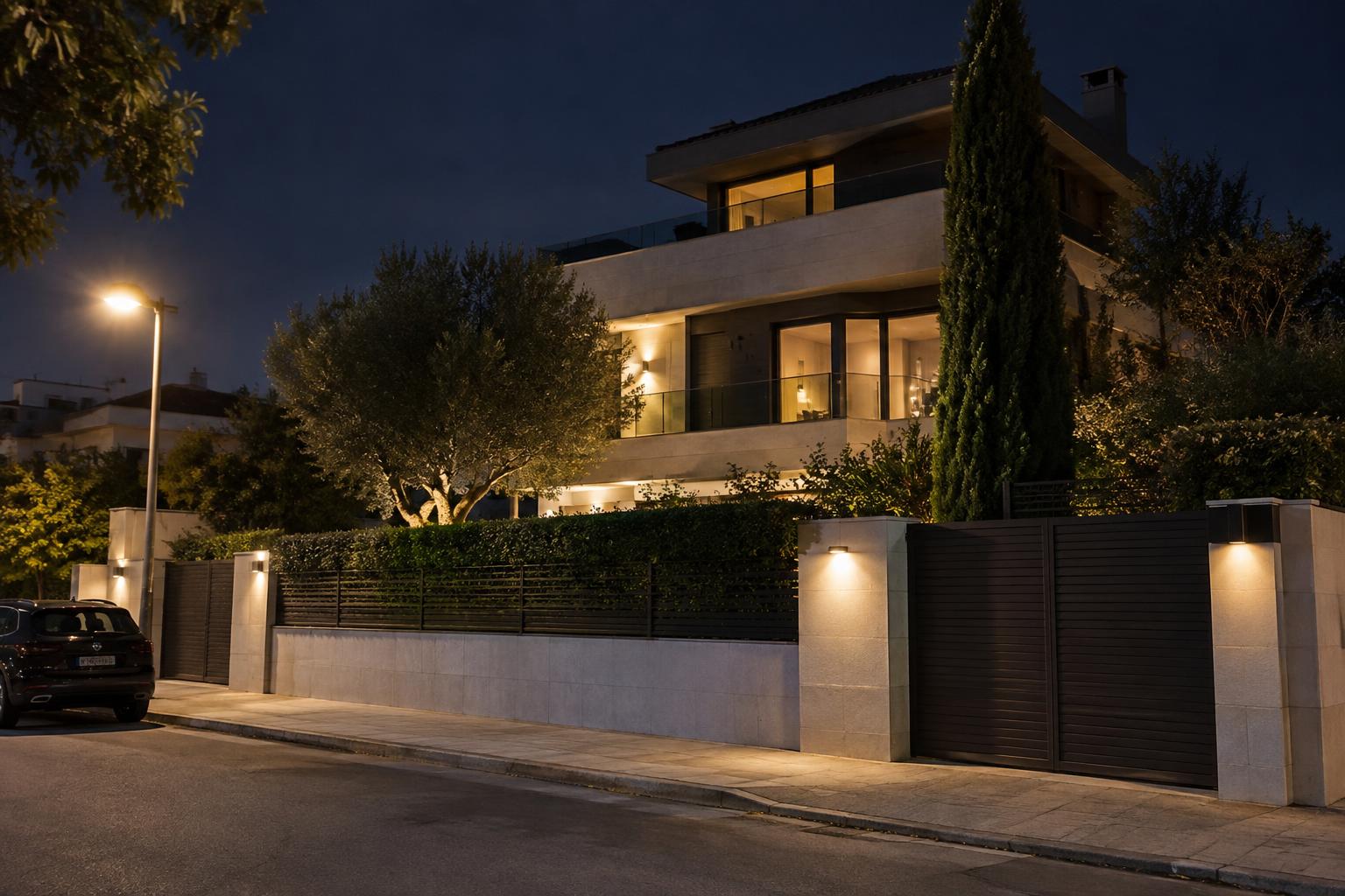 Exterior nocturno de una urbanización residencial con una vivienda de varias plantas detrás de una valla, vegetación y alumbrado de calle, sin personas ni matrículas identificables.