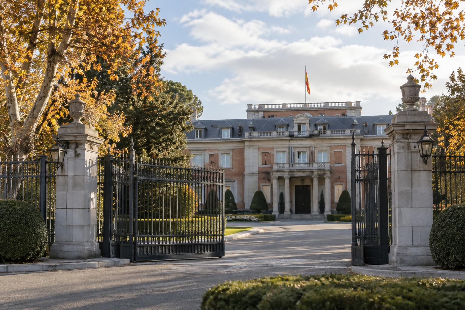 Exterior del Palacio de La Zarzuela en una tarde otoñal, con jardines y acceso institucional en primer plano, sin personas reconocibles ni vehículos de emergencia.