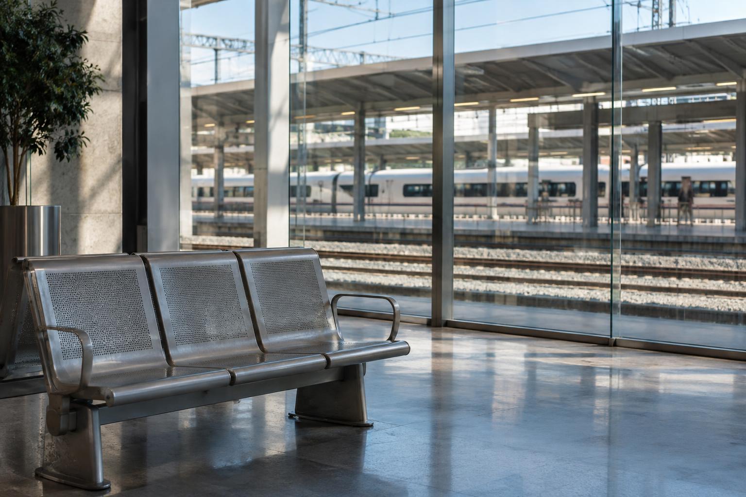 Interior de una estación ferroviaria española, con vías visibles al fondo y un banco vacío en primer plano, luz natural y ambiente cotidiano, sin personas reconocibles.
